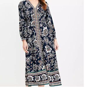 LOFT Black and White V-Neck Sundress with Bishop Sleeves
